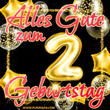 A vibrant greeting card featuring colorful balloons in the background with the large number '2' and the words 'Happy Birthday!' in glowing, bold text