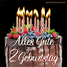 Das Geburtstags-GIF zeigt einen Schokoladenkuchen mit Beeren und Kerzen zur Feier eines 2. Geburtstags.