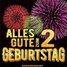 Ein dynamisches animiertes GIF mit buntem Feuerwerk und goldenen Zahlen, die den 2 Geburtstag hervorheben.