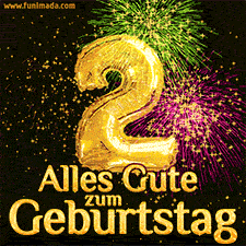 Große goldene Zahlen 2 auf schwarzem Hintergrund, die Worte 'Alles Gute zum Geburtstag' in goldener Schrift und ein spektakuläres Feuerwerk.