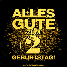 Ein GIF zum2. Geburtstag mit goldener Schrift und Feuerwerk auf schwarzem Hintergrund.
