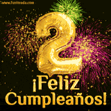 GIF animado con globos dorados en forma del número 2, acompañado de fuegos artificiales de colores y la frase '¡Feliz cumpleaños!' en letras vibrantes.