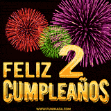 GIF animado con el número 2 en dorado, rodeado de fuegos artificiales rojos, verdes y morados, con el mensaje 'Feliz cumpleaños' en letras doradas.
