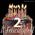 Feliz 2 cumpleaños pastel de chocolate. Imagen (GIF) con pastel y saludo.