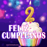 GIF animado de un cupcake decorado con confites, dos velas doradas encendidas formando el número 2, sobre un fondo púrpura brillante con destellos.