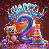 A joyful 2nd birthday scene with a smiling cartoon bear, tiered birthday cake, glowing candles, and festive decorations including streamers and flying confetti.