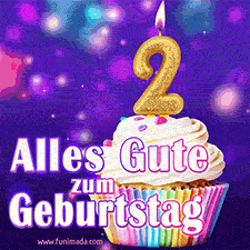 Ein glänzendes Geburtstags-GIF mit goldenen Kerzen mit der Zahl 2 auf einem weißen cremefarbenen Cupcake und dem Text 'Alles Gute zum Geburtstag'.