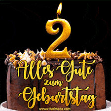 Animiertes GIF mit einer Schokoladen-Geburtstagstorte, großen goldenen Kerzen mit der Zahl 2 und einem dekorativen Text mit der Aufschrift 'Alles Gute zum Geburtstag'.