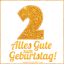 Glänzendes GIF mit einer goldenen Zahl 2 und den Worten 'Alles Gute zum Geburtstag' in eleganter handgeschriebener Schriftart.