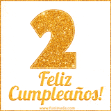Imagen animada con el número 2 en diseño dorado brillante acompañado de la frase 'Feliz cumpleaños' sobre un fondo blanco simple y elegante.