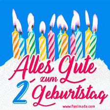 Ein buntes Geburtstags-GIF mit strahlenden Kerzen auf einer festlichen Torte zur Feier des 2.