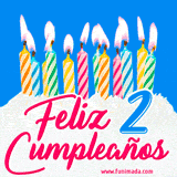 Animación de un pastel decorado con velas coloridas y encendidas, el número 2 destacado en azul y la frase 'Feliz cumpleaños' en letras estilizadas.