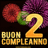 Animazione di fuochi d'artificio colorati con il numero 2 in oro brillante e la scritta 'Buon Compleanno' su uno sfondo nero festivo ed elegante.