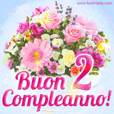 Bouquet animato con rose rosa, margherite e altri fiori colorati, con il numero 2 e la scritta 'Buon Compleanno!' in stile elegante e luminoso.