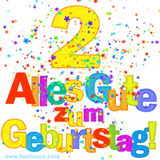 Geburtstags-GIF mit animierten bunten Sternen, der großen Zahl 2 und dem mehrfarbigen Text 'Alles Gute zum Geburtstag'.