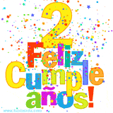 GIF festivo lleno de confeti de colores, el número 2 grande en amarillo y la frase 'Feliz cumpleaños' en letras multicolores y brillantes.