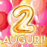 Bouquet animato di palloncini multicolori che emergono da una scatola regalo, con il numero 2 e la scritta 'Tanti Auguri!' su uno sfondo pieno di coriandoli.