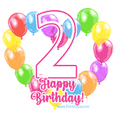 An animated birthday greeting card with a large '2' in pink outline surrounded by colorful balloons heart-shaped frame, and 'Happy Birthday!' written below in hand-written font.
