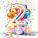A festive birthday age GIF with animated star confetti, colorful balloons, and a gift box with the number 2. The text reads 'Happy Birthday'.