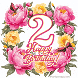 A celebratory GIF image features the animated number '2' and the words 'Happy Birthday!' surrounded by pink and yellow flowers. Two moving butterflies are included in this festive design.