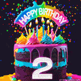 Chocolate cake with cyan layers, pink dressing and a big number 2 adorned with vibrant multicolored frosting, lit candles, and a rainbow topper with text that says 'Happy Birthday'. Animated colorful confetti move behind the cake.