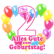 Ein verspieltes animiertes Geburtstags-GIF mit bunten Ballons in Herzform und der Zahl 2.