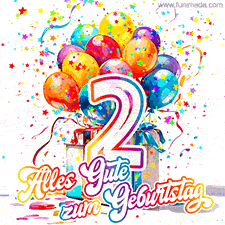 Ein lebendiges Geburtstags-GIF mit bunten Ballons, animiertem Konfetti, der Zahl 2 und den Worten 'Alles Gute zum Geburtstag' in dekorativer Schriftart.