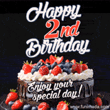 A birthday greeting card image. It features a chocolate cake with berries and the text 'Happy 2nd Birthday. Enjoy your special day!'