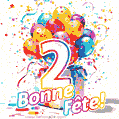 Des confettis animés, des ballons multicolores et un coffret cadeau dans un joyeux GIF de 2e anniversaire