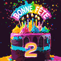 Gâteau au chocolat avec le numéro 2 orné d'un glaçage vibrant, de bougies et d'une décoration arc-en-ciel