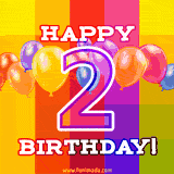 A birthday cake with lit candles is shown with colorful balloons and animated confetti.