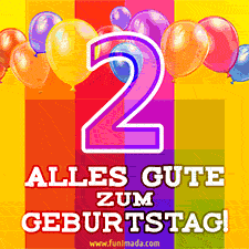 Große Zahl 35 in Umrissschrift, die Worte 'Alles Gute zum 2. Geburtstag', mehrfarbige animierte Ballons und lebendiger Hintergrund.