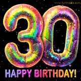 Shiny number 30 birthday celebration balloons with an iridescent glow and glitter on a black background with twinkling stars.