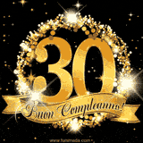 Il numero 30 è circondato da un anello dorato brillante, accompagnato da un nastro elegante con la scritta 'Buon Compleanno!' su uno sfondo scuro.
