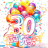 Animazione con palloncini colorati e scintillanti, accompagnata dal numero 30 in caratteri grandi e luminosi, e la scritta 'Tanti Auguri!' in stile vivace.