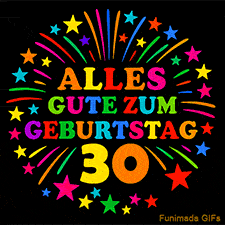 Animiertes GIF 'Alles Gute zum Geburtstag 30 mit bunten Buchstaben und leuchtenden Sternen