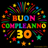 GIF animata 'Buon Compleanno 30' con lettere colorate e fuochi d'artificio