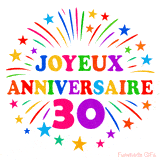 GIF animé joyeux anniversaire 30 ans avec étoiles multicolores et feu d’artifice