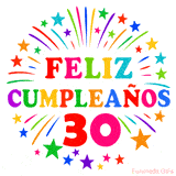 Imagen animada para felicitar los 30 años con letras de colores y diseño festivo.