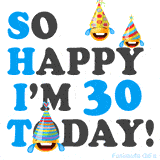 A fun birthday animation celebrating turning 30 with colorful party hats, smiling faces, and cheerful emojis.