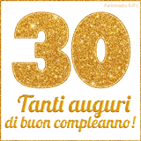 GIF animata per un 30° compleanno, Mostra il numero 30 in grandi caratteri dorati pieni di glitter scintillante, Sotto, la scritta 'Tanti auguri di buon compleanno!' in un elegante oro.