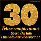 Un GIF animato per un 30° compleanno, Presenta il testo 'Buon Compleanno 30' su uno sfondo giallo vivo con palloncini colorati, festoni e una pioggia di coriandoli.