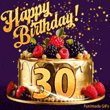 A delicious-looking animated birthday card for a 30th birthday, decorated with raspberries, blackberries, and gold details, Stars sparkle and fall, with 'Happy Birthday!' text above.