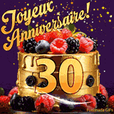 Une animation de célébration d'un gâteau de 30ème anniversaire, Des étoiles dorées tombent du ciel, mettant en valeur le texte 'Joyeux Anniversaire !' et le nombre doré 30 à l'avant du gâteau.