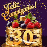 Una animación de celebración de una tarta para el 30º cumpleaños, Estrellas doradas caen del cielo, destacando el texto '¡Feliz Cumpleaños!' y el número dorado 30 en la tarta.