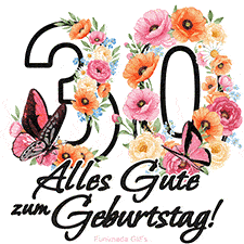Ein florales GIF zum 30. Geburtstag. Die Zahl '30' ist von animierten Blumen und Schmetterlingen umgeben und bietet eine schöne und fröhliche Art, den Meilenstein zu feiern.