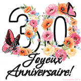 Ce GIF de Joyeux 30ème Anniversaire présente le nombre vingt rempli d'un bouquet vibrant de fleurs animées, avec des papillons qui bougent doucement sur un fond blanc.