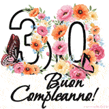 Descrizione: Questo GIF di Buon 30° Compleanno mostra il numero venti riempito con un vibrante bouquet di fiori animati, con farfalle che si muovono dolcemente su uno sfondo bianco.