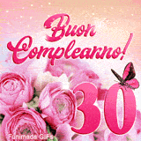 Trentesimo compleanno in GIF animata: rose rosa eleganti, numero trenta e una farfalla che vola su uno sfondo festoso e scintillante.