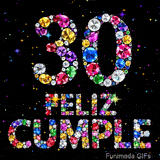 El texto FELIZ CUMPLE y el número 30 captan la atención con sus letras y cifras de joyas multicolores contra un fondo negro con estrellitas.